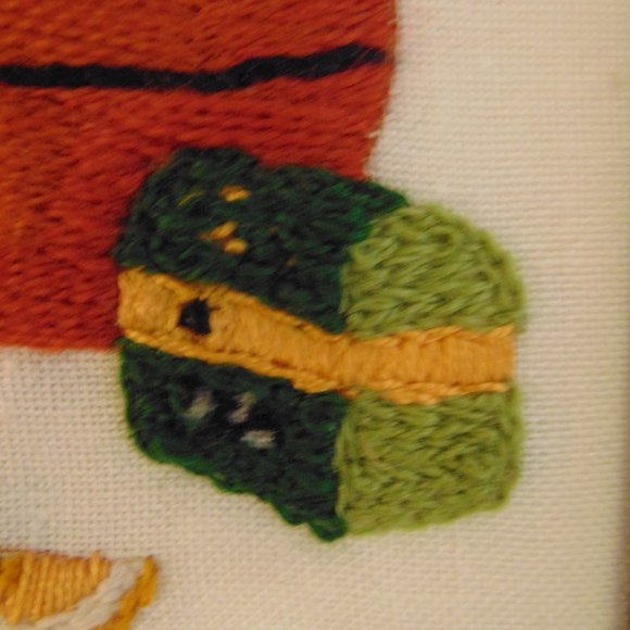 Vintage Tea Kettle and Tea Bag Box, Crewel, Wood Frame, 8x6 - Picture 4 of 5